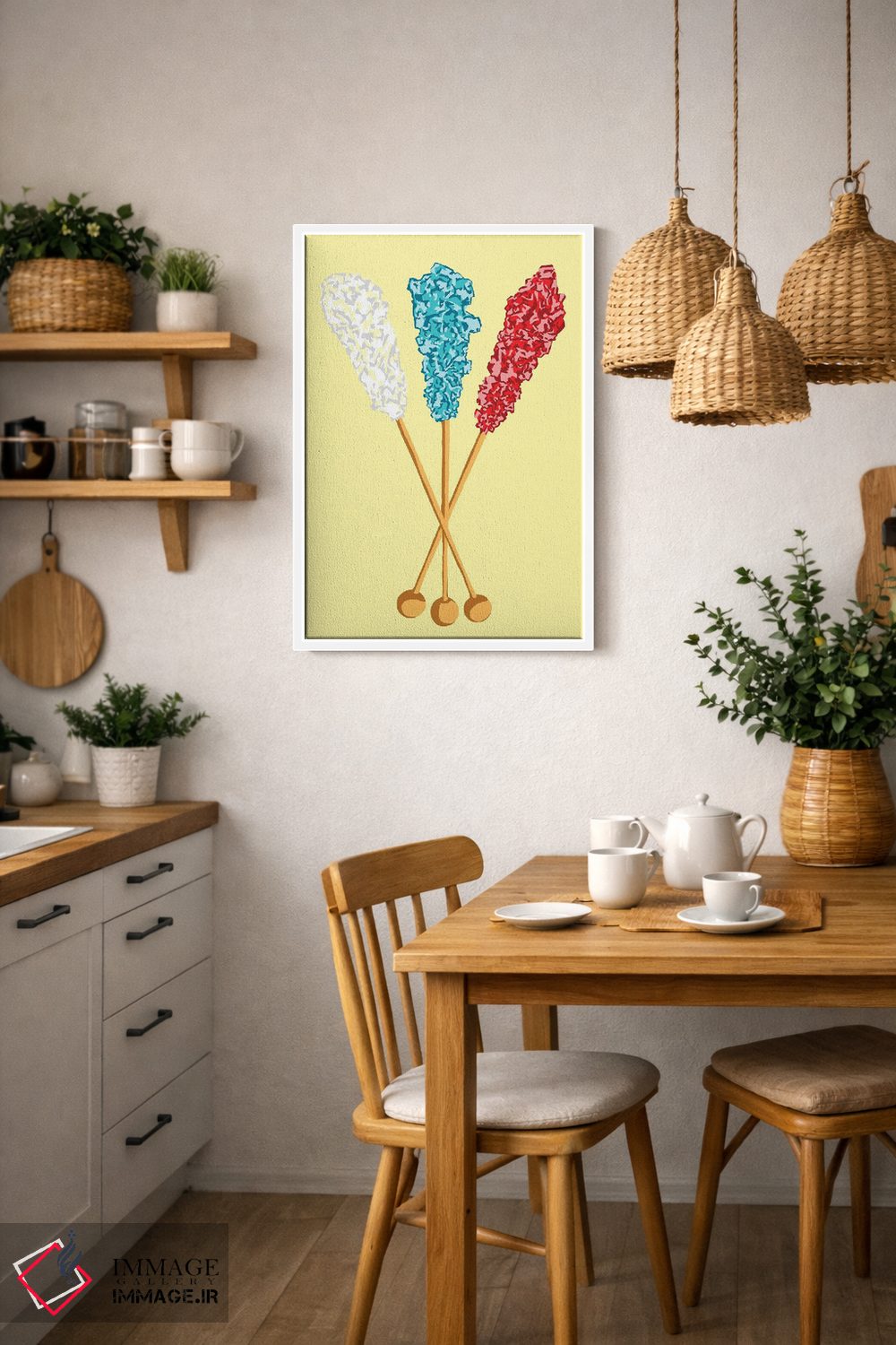 تابلو مینیمال آبنبات صخره ای سفید و سبزآبی و قرمز و زرد اثر جیمی متز - D4W