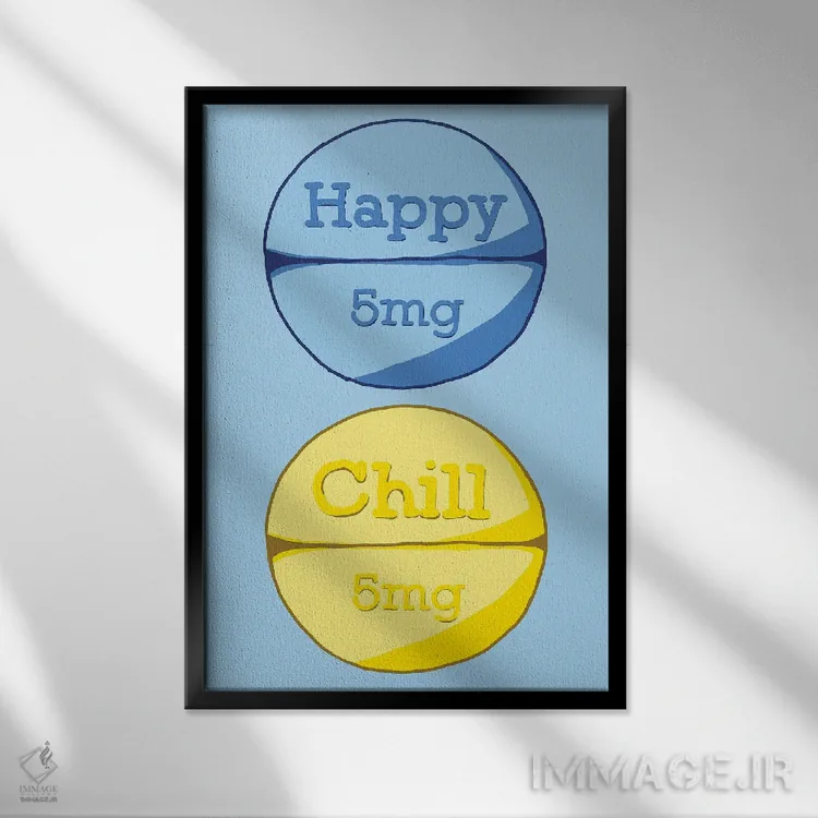 تابلو دکوراتیو قرص آرام بخش شاد آبی اثر جیمی متز - نمای قابدار مشکی