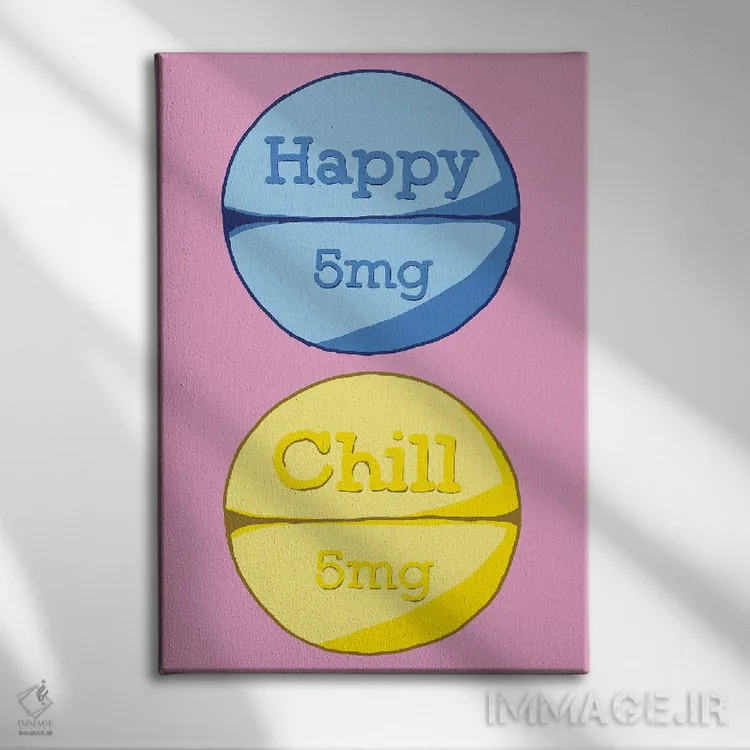 تابلو دکوراتیو قرص آرام بخش شاد صورتی اثر جیمی متز - نمای روبهرو روی دیوار