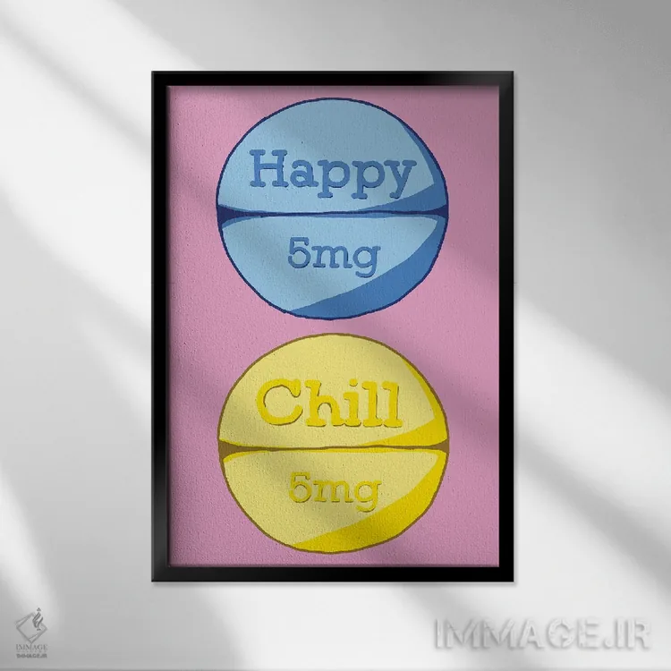 تابلو دکوراتیو قرص آرام بخش شاد صورتی اثر جیمی متز - نمای قابدار مشکی