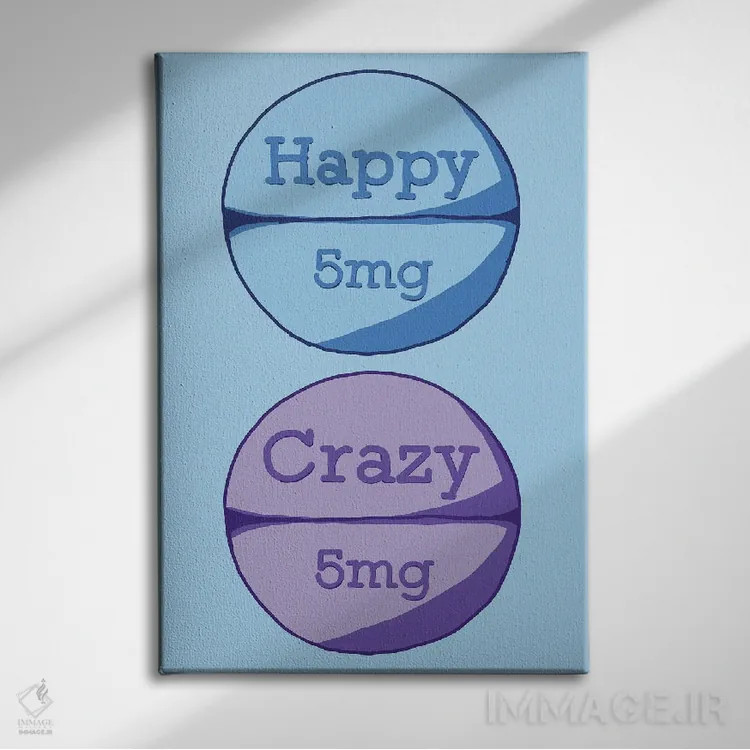 تابلو دکوراتیو قرص دیوانه شاد آبی اثر جیمی متز - نمای روبهرو روی دیوار