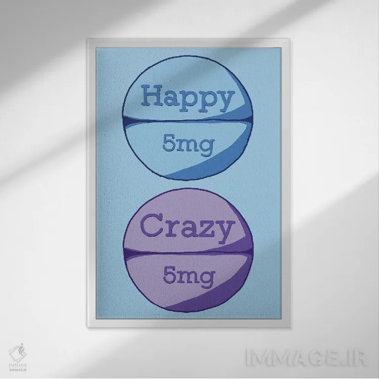 تابلو دکوراتیو قرص دیوانه شاد آبی اثر جیمی متز - نمای قابدار سفید