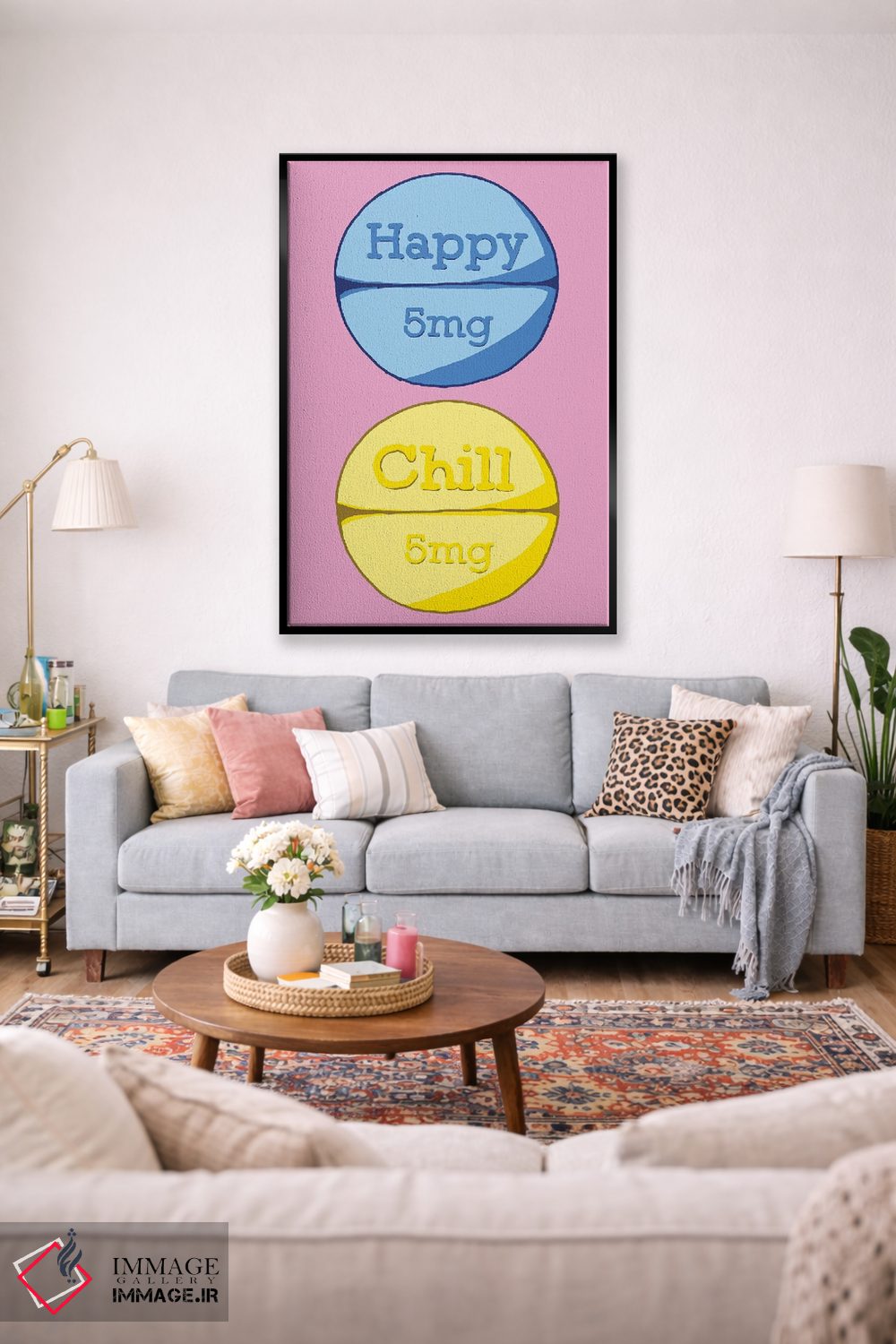 تابلو دکوراتیو قرص آرام بخش شاد صورتی اثر جیمی متز - D2B