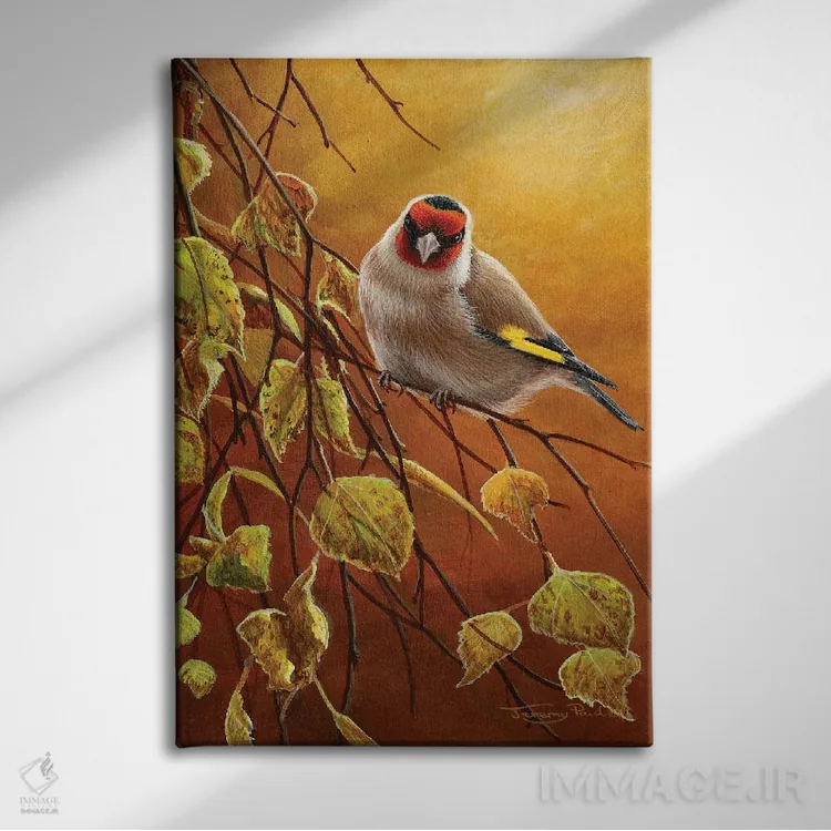 تابلو دکوراتیو فنچ طلایی اثر جرمی پاول - نمای روبهرو روی دیوار