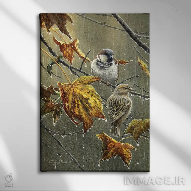 تابلو دکوراتیو گنجشک ها در باران اثر جرمی پاول - نمای روبهرو روی دیوار