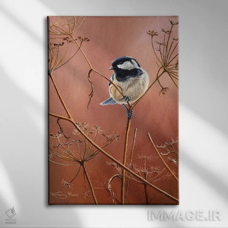 تابلو دکوراتیو چرخ ریسک زغالی اثر جرمی پاول - نمای روبهرو روی دیوار