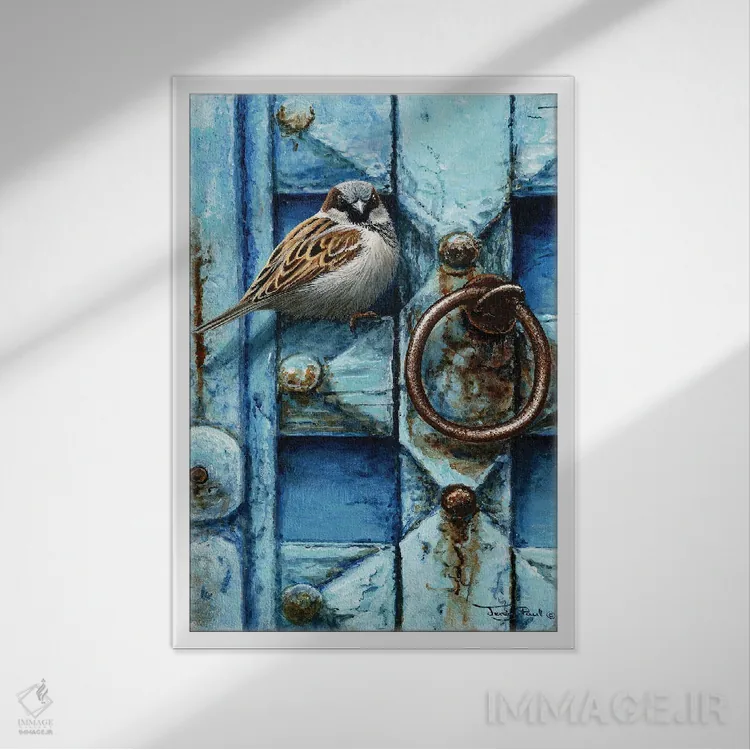 تابلو مدرن گنجشک خانگی اثر جرمی پاول - نمای قابدار سفید