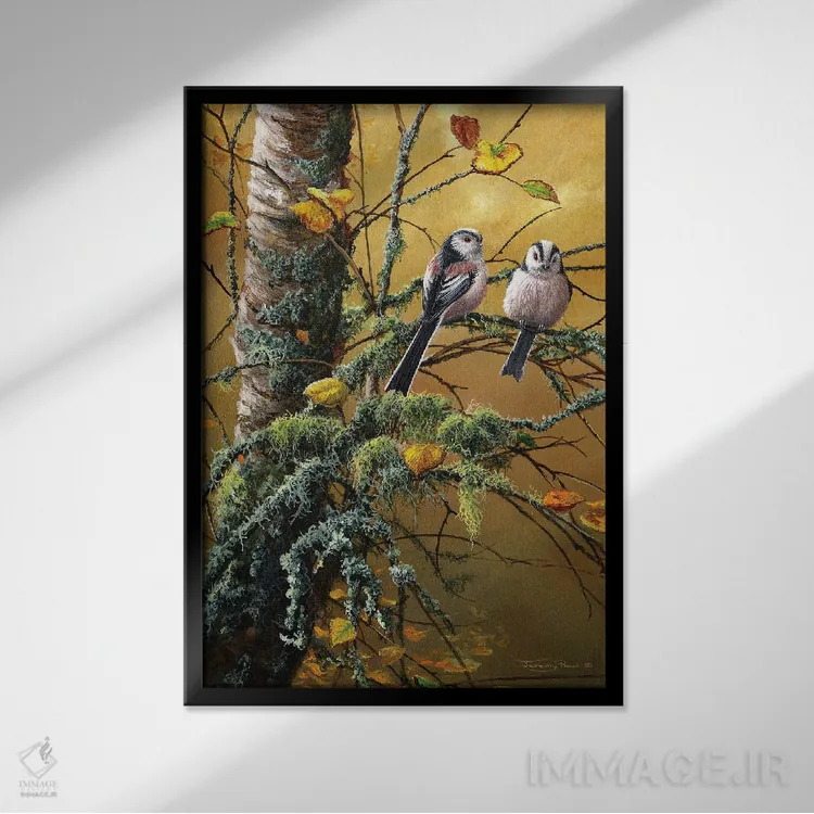 تابلو دکوراتیو چرخ ریسک دم دراز و گلسنگ ها اثر جرمی پاول - نمای قابدار مشکی