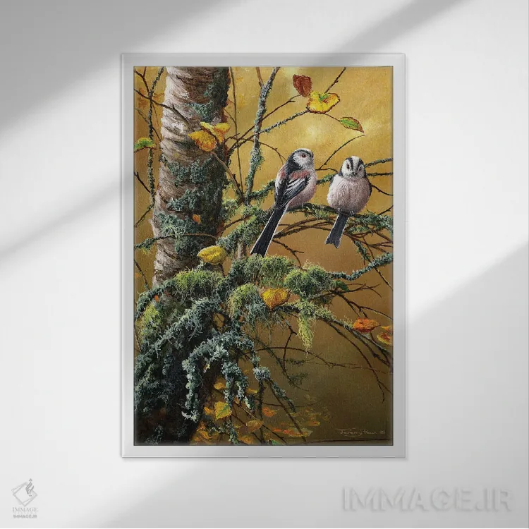 تابلو دکوراتیو چرخ ریسک دم دراز و گلسنگ ها اثر جرمی پاول - نمای قابدار سفید