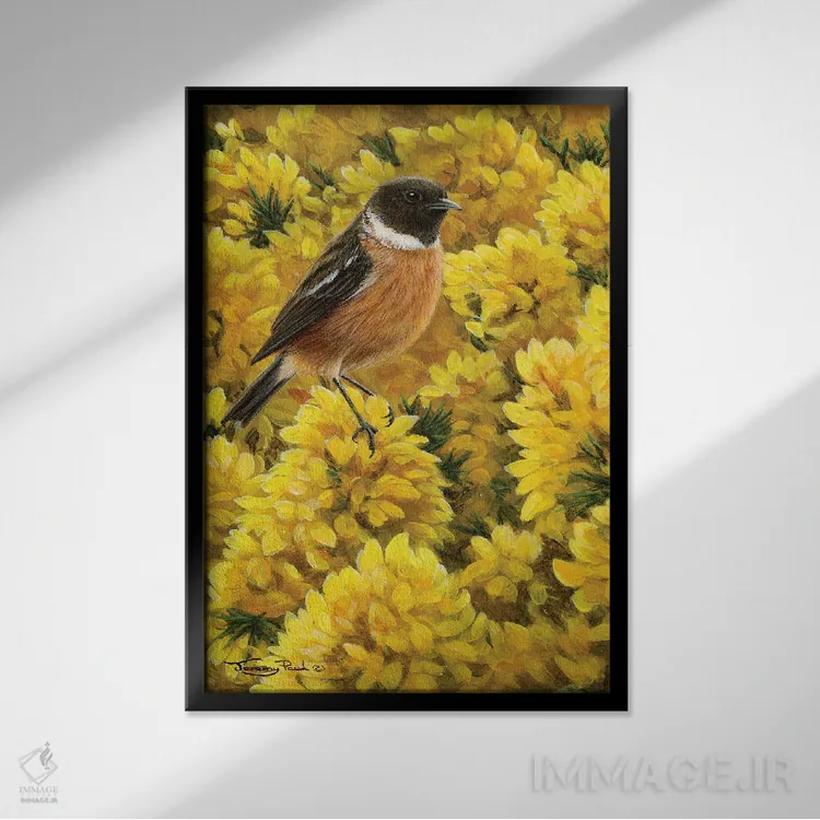 تابلو دکوراتیو سنگ چرخ و خار زرد اثر جرمی پاول - نمای قابدار مشکی