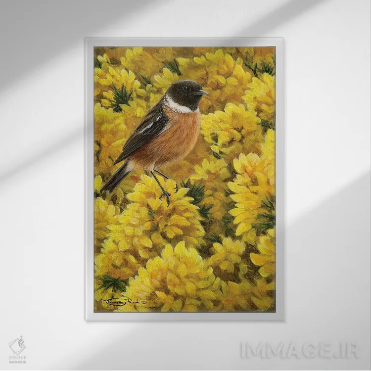 تابلو دکوراتیو سنگ چرخ و خار زرد اثر جرمی پاول - نمای قابدار سفید