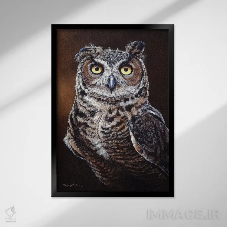 تابلو دکوراتیو جغد شاخدار بزرگ اثر جرمی پاول - نمای قابدار مشکی