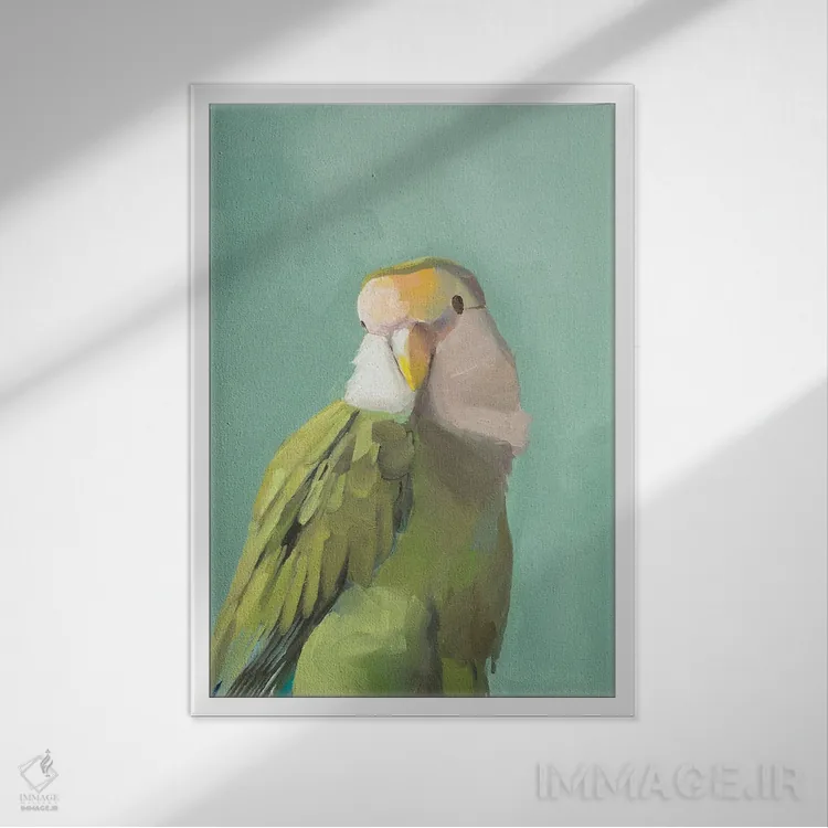 تابلو دکوراتیو کاکادو سبز اثر جنی وستنهوفر - نمای قابدار سفید