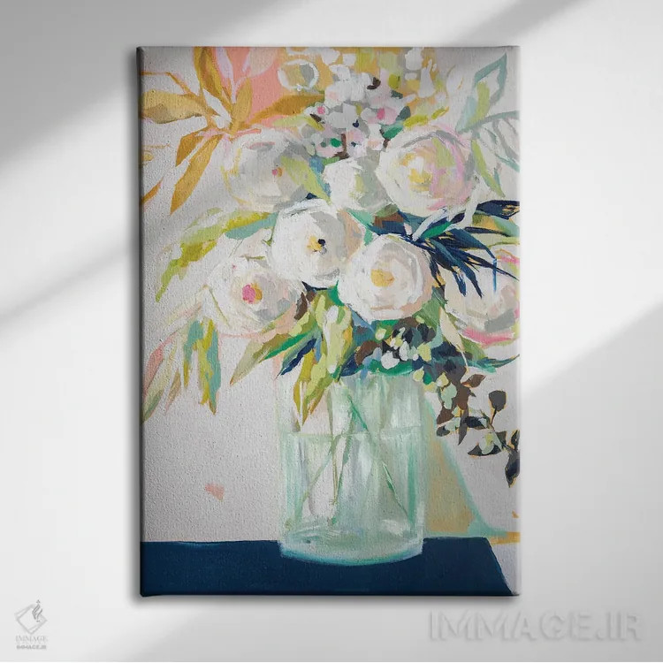 تابلو دکوراتیو گل های گلدان سرمه ای اثر جنی وستنهوفر - نمای روبهرو روی دیوار