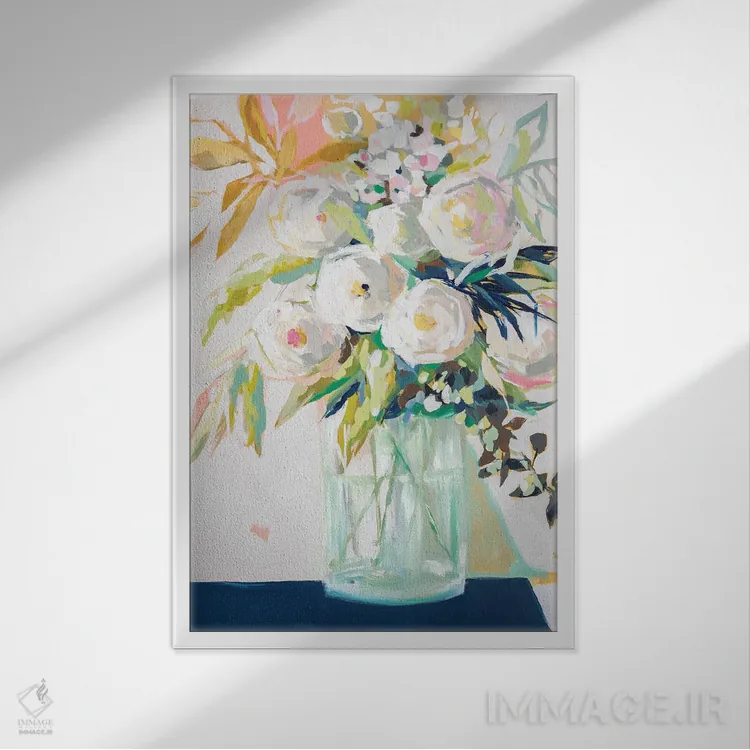 تابلو دکوراتیو گل های گلدان سرمه ای اثر جنی وستنهوفر - نمای قابدار سفید
