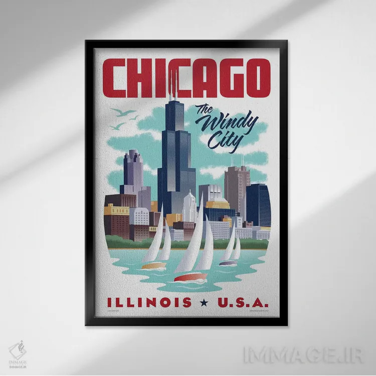 تابلو دکوراتیو پوستر سفر شیکاگو اثر جیم زانیسر - نمای قابدار مشکی