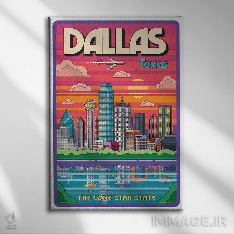 تابلو مدرن پوستر سفر پاپ آرت دالاس اثر جیم زانیسر - نمای روبهرو روی دیوار