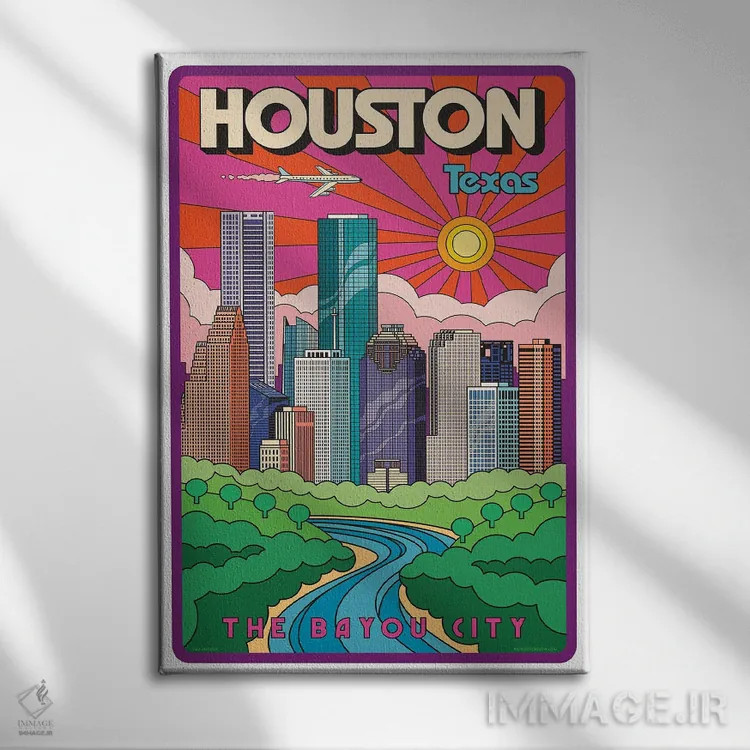 تابلو مدرن پوستر سفر پاپ آرت هیوستون اثر جیم زانیسر - نمای روبهرو روی دیوار