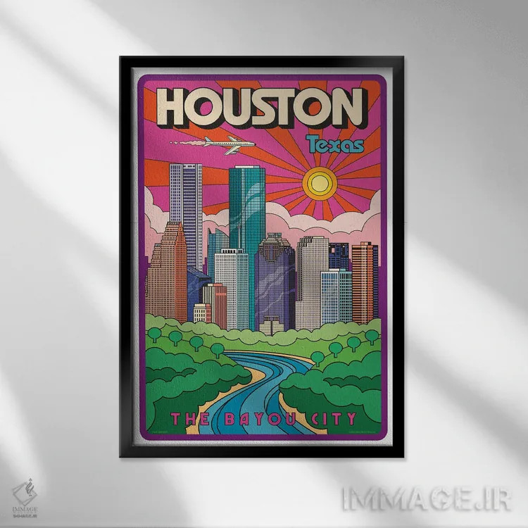 تابلو مدرن پوستر سفر پاپ آرت هیوستون اثر جیم زانیسر - نمای قابدار مشکی