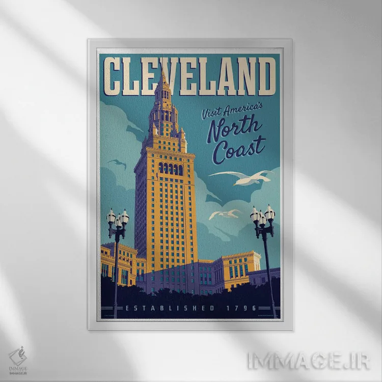 تابلو دکوراتیو پوستر سفر کلیولند اثر جیم زانیسر - نمای قابدار سفید