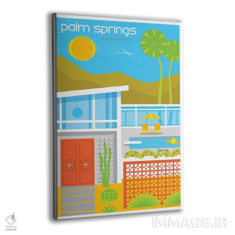 تابلو مدرن پوستر سفر خانه های دهه پنجاه پالم اسپرینگز اثر جیم زانیسر - نمای پرسپکتیو محصول