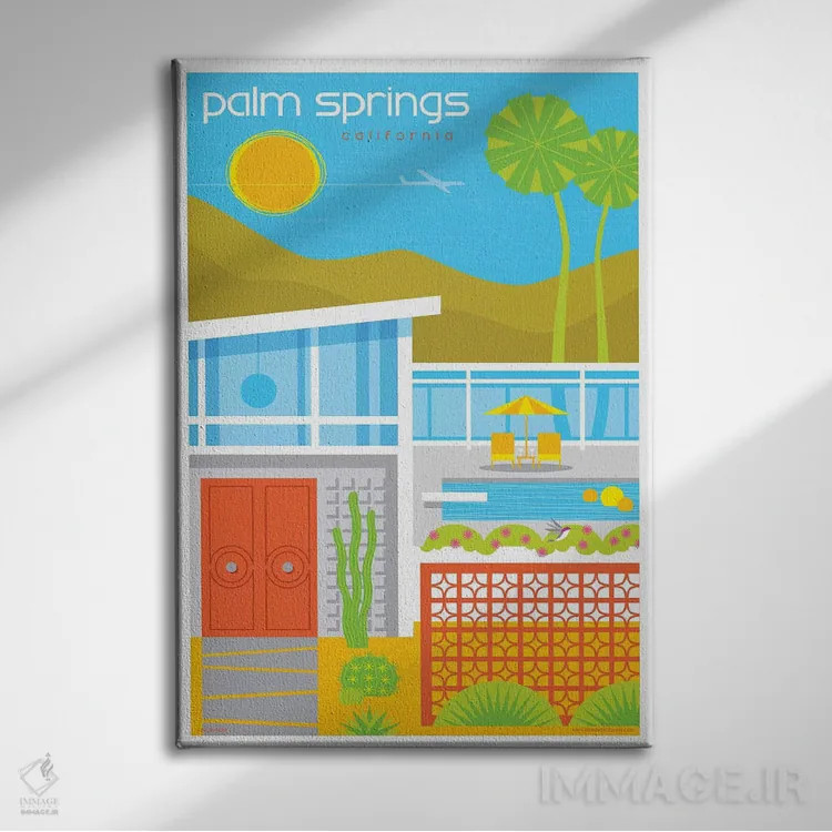 تابلو مدرن پوستر سفر خانه های دهه پنجاه پالم اسپرینگز اثر جیم زانیسر - نمای روبهرو روی دیوار