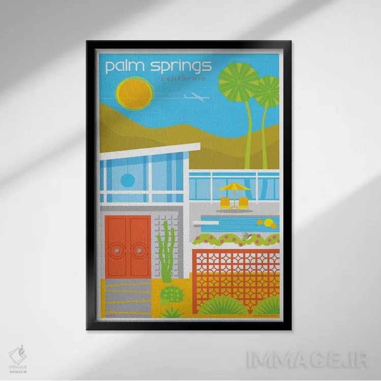تابلو مدرن پوستر سفر خانه های دهه پنجاه پالم اسپرینگز اثر جیم زانیسر - نمای قابدار مشکی