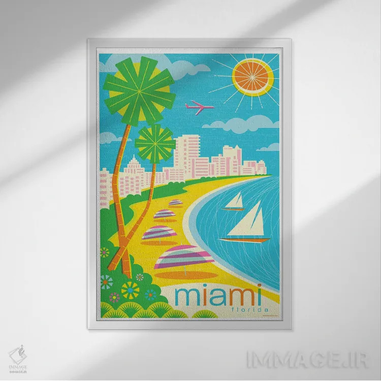 تابلو دکوراتیو پوستر سفر مدرن میامی اثر جیم زانیسر - نمای قابدار سفید