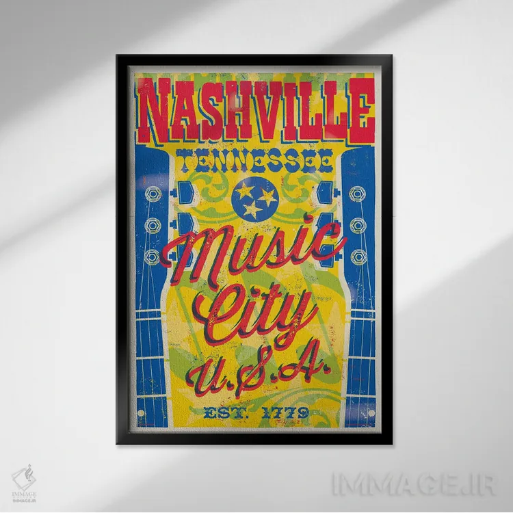 تابلو دکوراتیو پوستر نشویل؛ شهر موسیقی آمریکا اثر جیم زانیسر - نمای قابدار مشکی