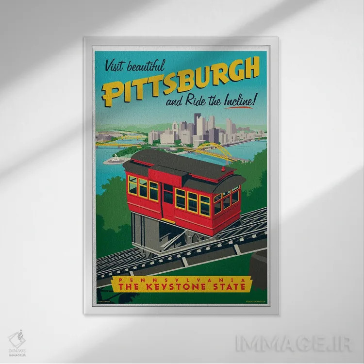 تابلو دکوراتیو پوستر سفر قطار کابلی پیتزبورگ اثر جیم زانیسر - نمای قابدار سفید