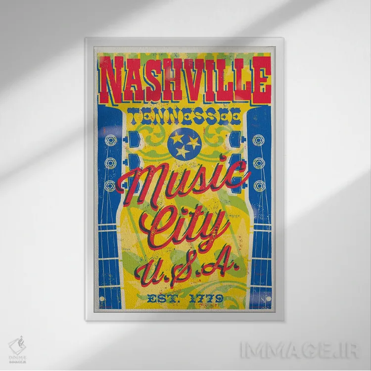 تابلو دکوراتیو پوستر نشویل؛ شهر موسیقی آمریکا اثر جیم زانیسر - نمای قابدار سفید