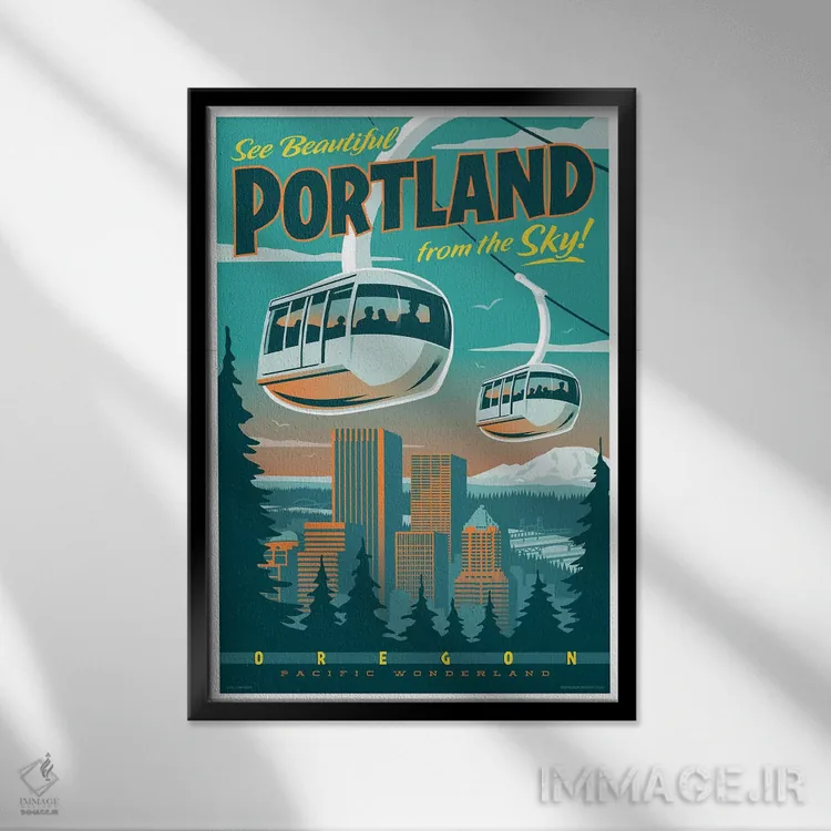 تابلو دکوراتیو پوستر سفر تراموا پورتلند اثر جیم زانیسر - نمای قابدار مشکی