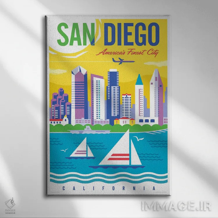 تابلو دکوراتیو پوستر سفر سن دیگو اثر جیم زانیسر - نمای روبهرو روی دیوار