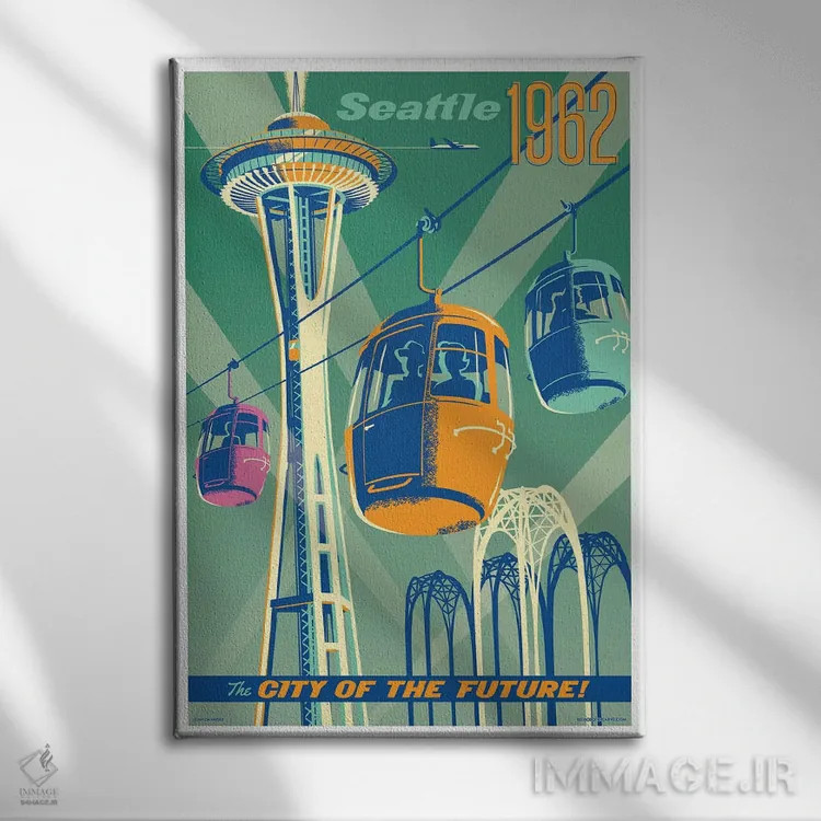 تابلو دکوراتیو پوستر سفر سیاتل ۱۹۶۲ اثر جیم زانیسر - نمای روبهرو روی دیوار