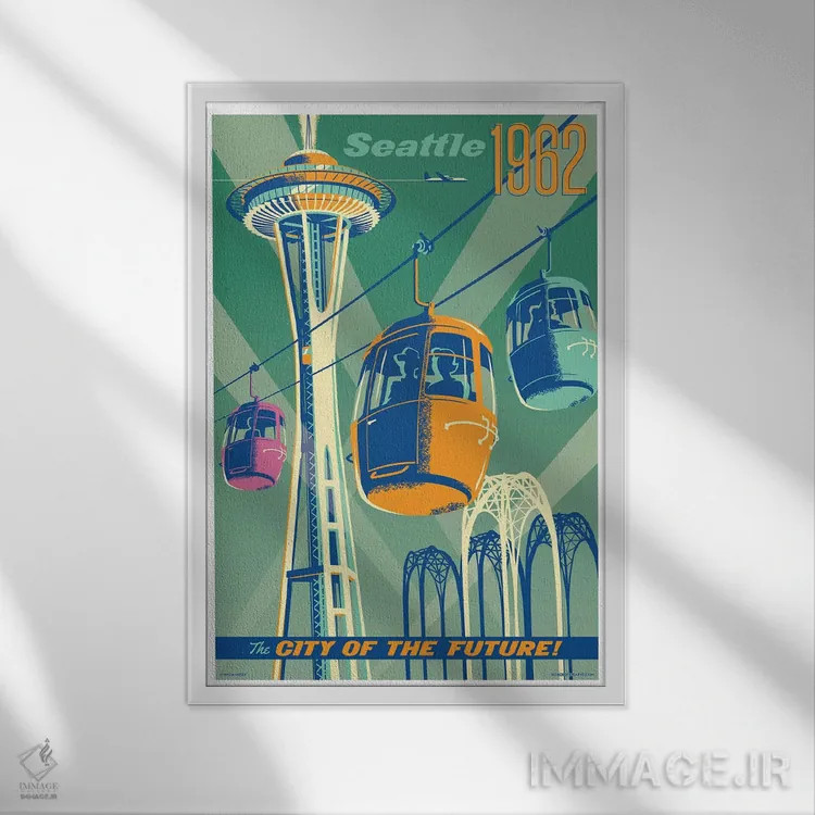 تابلو دکوراتیو پوستر سفر سیاتل ۱۹۶۲ اثر جیم زانیسر - نمای قابدار سفید