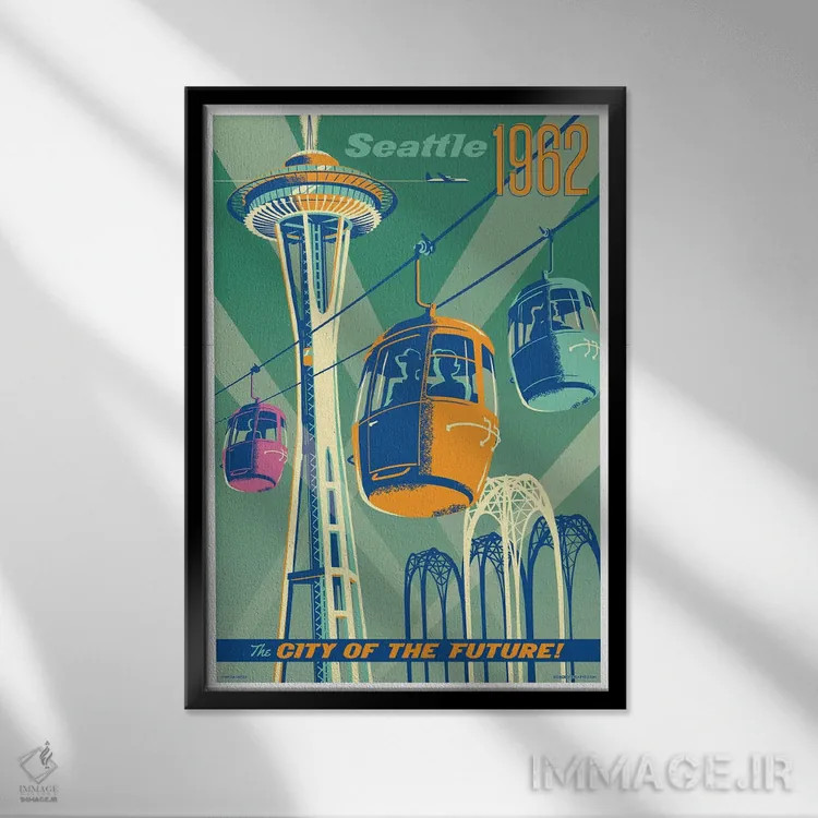 تابلو دکوراتیو پوستر سفر سیاتل ۱۹۶۲ اثر جیم زانیسر - نمای قابدار مشکی