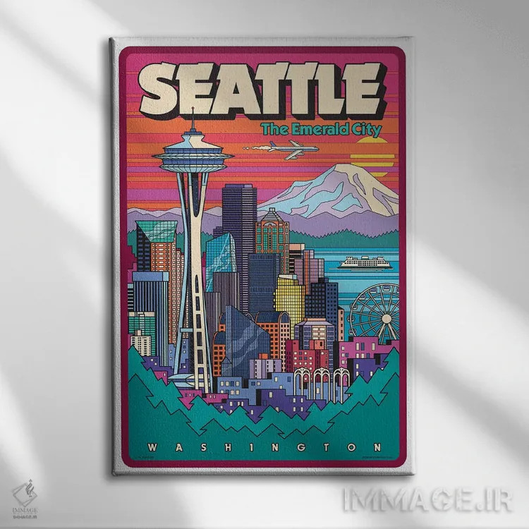 تابلو دکوراتیو پوستر سفر پاپ آرت سیاتل اثر جیم زانیسر - نمای روبهرو روی دیوار