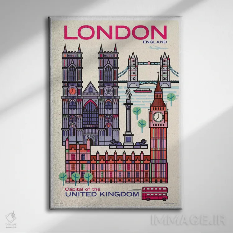 تابلو دکوراتیو پوستر سفر لندن اثر جیم زانیسر - نمای روبهرو روی دیوار