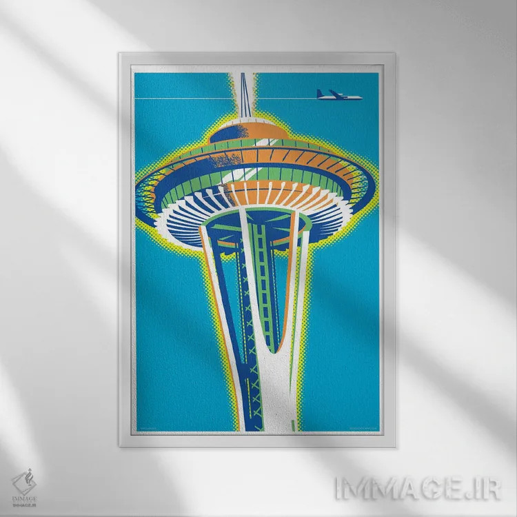 تابلو دکوراتیو پوستر برج فضایی سیاتل اثر جیم زانیسر - نمای قابدار سفید