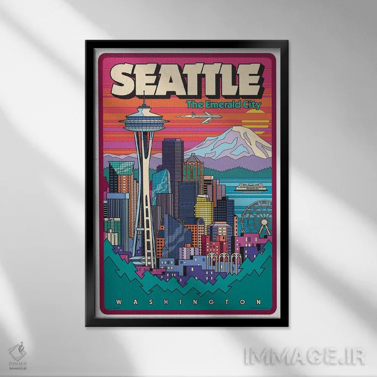 تابلو دکوراتیو پوستر سفر پاپ آرت سیاتل اثر جیم زانیسر - نمای قابدار مشکی