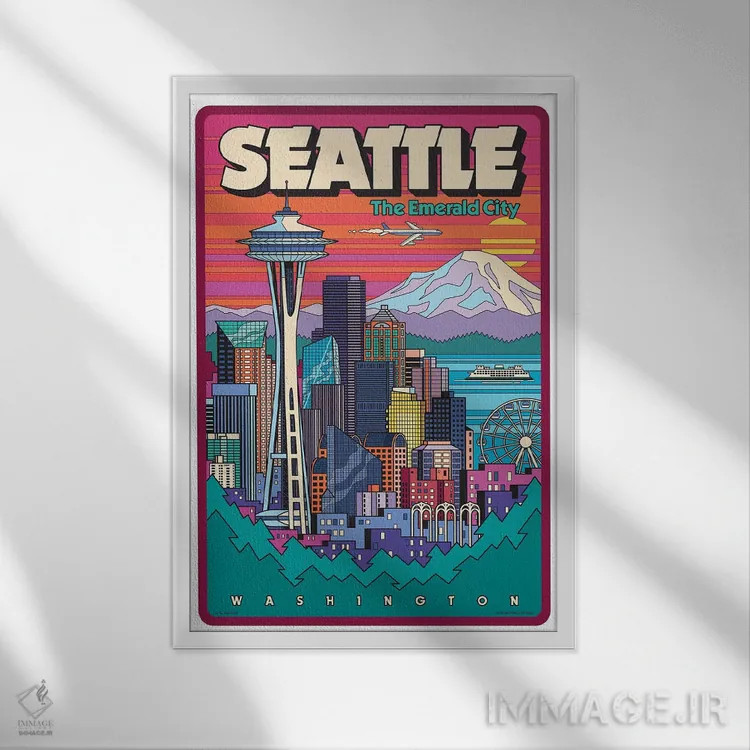 تابلو دکوراتیو پوستر سفر پاپ آرت سیاتل اثر جیم زانیسر - نمای قابدار سفید