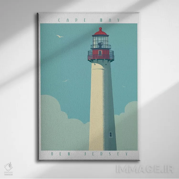 تابلو دکوراتیو پوستر سفر فانوس دریایی کیپ می اثر جیم زانیسر - نمای روبهرو روی دیوار