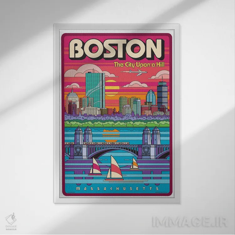 تابلو دکوراتیو پوستر سفر پاپ آرت بوستون اثر جیم زانیسر - نمای قابدار سفید