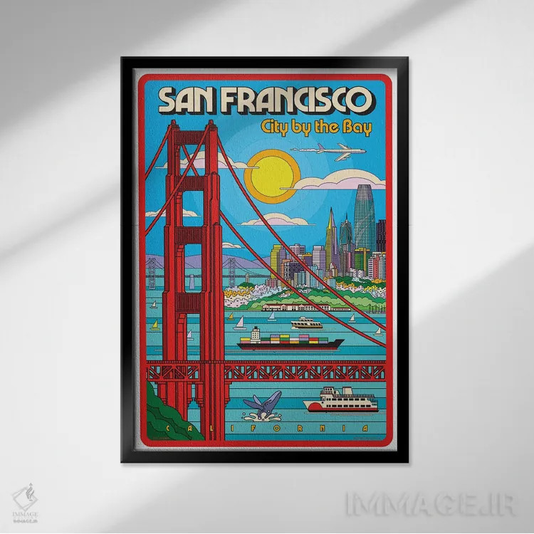 تابلو دکوراتیو پوستر سفر پاپ آرت سان فرانسیسکو اثر جیم زانیسر - نمای قابدار مشکی
