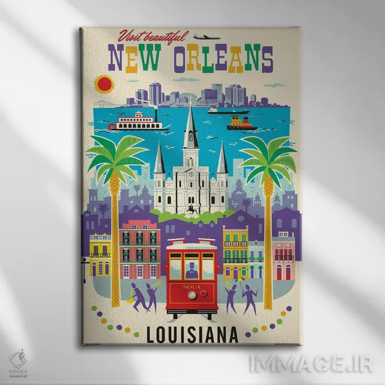 تابلو دکوراتیو پوستر سفر نیواورلئان اثر جیم زانیسر - نمای روبهرو روی دیوار