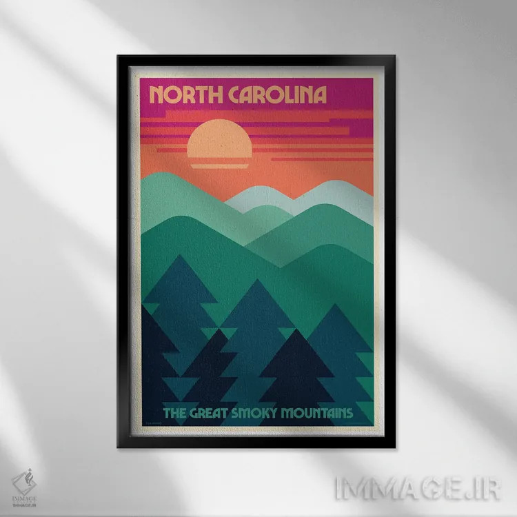 تابلو دکوراتیو پوستر سفر رترو کارولینای شمالی اثر جیم زانیسر - نمای قابدار مشکی