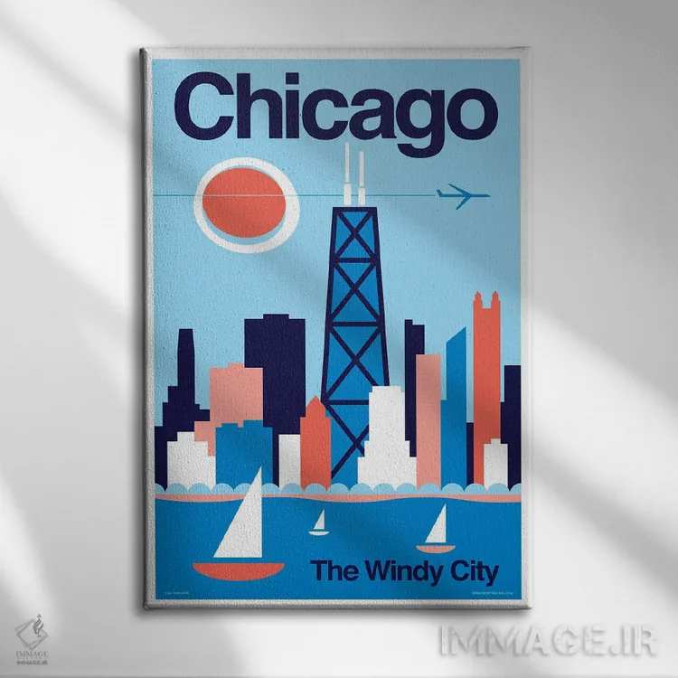 تابلو دکوراتیو پوستر مینیمال سفر شیکاگو اثر جیم زانیسر - نمای روبهرو روی دیوار