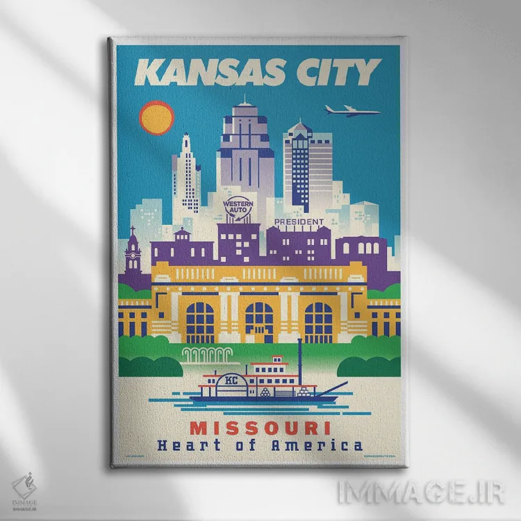تابلو دکوراتیو پوستر سفر کانزاس سیتی اثر جیم زانیسر - نمای روبهرو روی دیوار