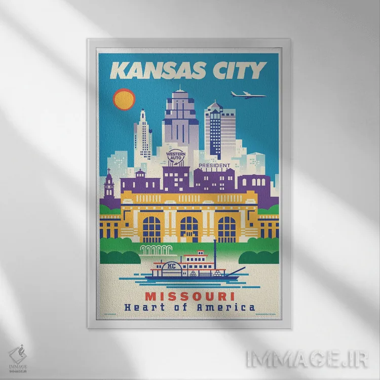 تابلو دکوراتیو پوستر سفر کانزاس سیتی اثر جیم زانیسر - نمای قابدار سفید