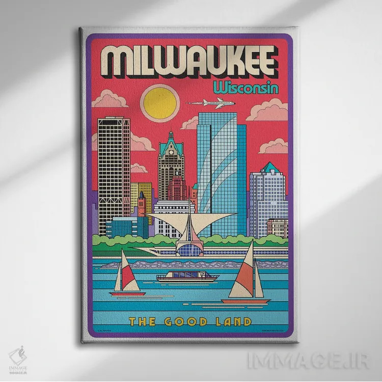 تابلو مدرن پوستر سفر پاپ آرت میلواکی اثر جیم زانیسر - نمای روبهرو روی دیوار